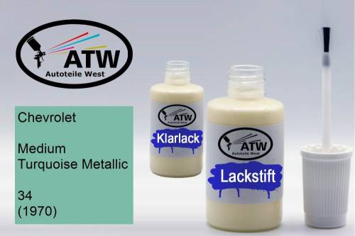 Chevrolet, Medium Turquoise Metallic, 34 (1970): 20ml Lackstift + 20ml Klarlack - Set, von ATW Autoteile West.